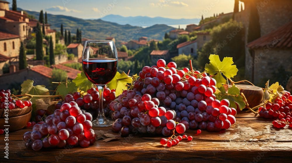 A table with grapes and wine in front of the mountains.