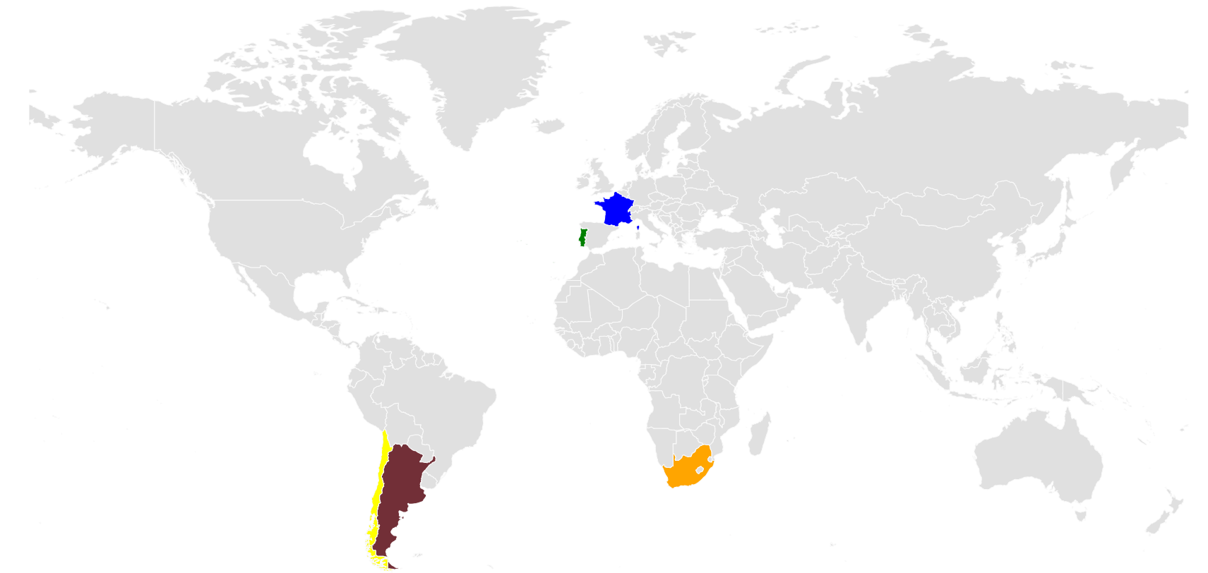 A map of the world with countries that have been labeled.